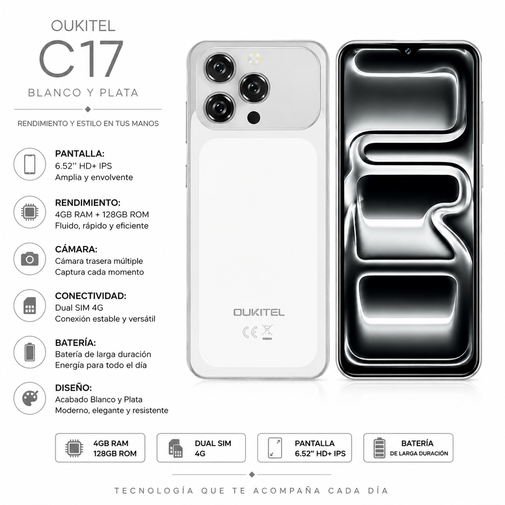 Oukitel C17 128GB 4GB RAM Dual SIM Pantalla 6.52" - Blanco y Plata