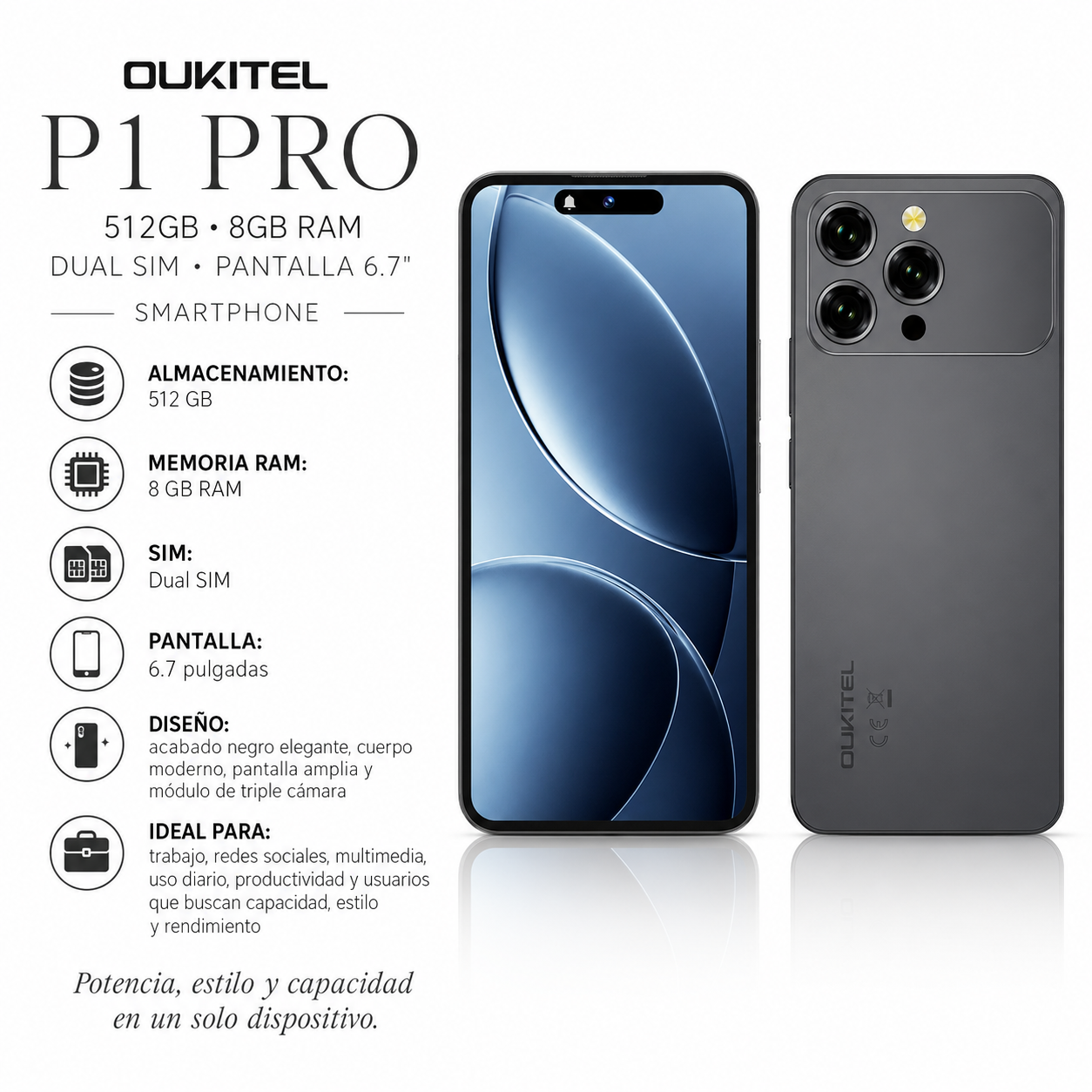 Oukitel P1 Pro 512GB 8GB RAM Dual SIM Pantalla 6.7" - Negro