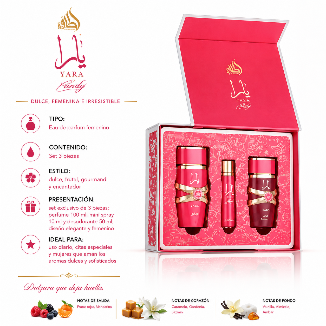 Kit Lattafa Yara Candy 100ml + 12ml + Hair Mist 50ml