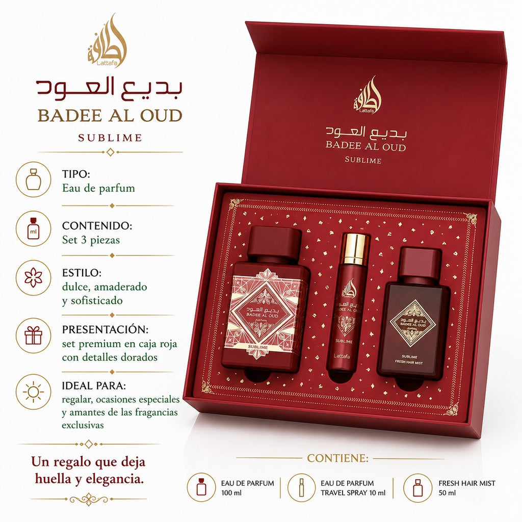 Kit Lattafa Bade'e Al Oud Sublime Eau de Parfum Unissex 100ml + Perfume de viaje 12ml + Hair Mist 50ml