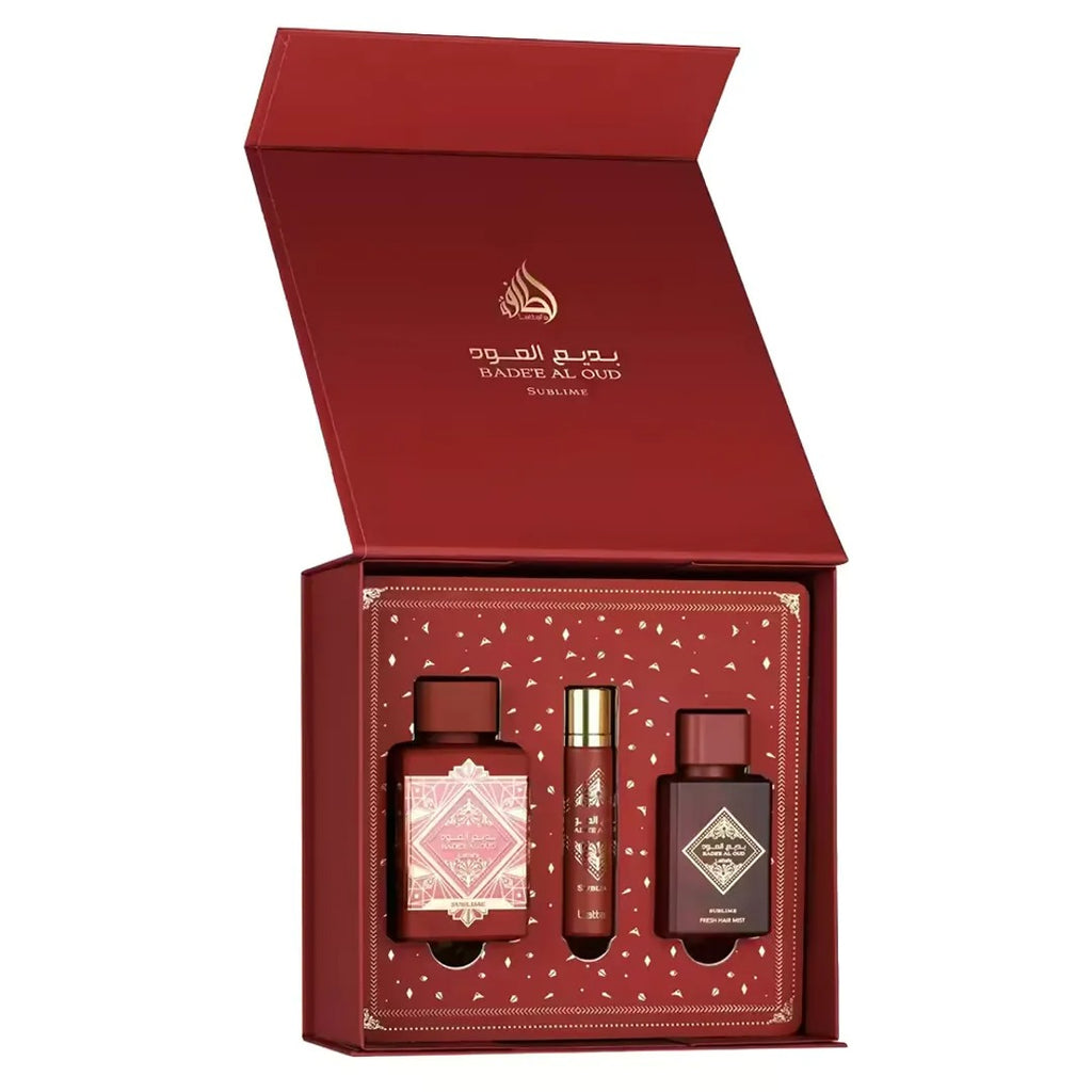 Kit Lattafa Bade'e Al Oud Sublime Eau de Parfum Unissex 100ml + Perfume de viaje 12ml + Hair Mist 50ml