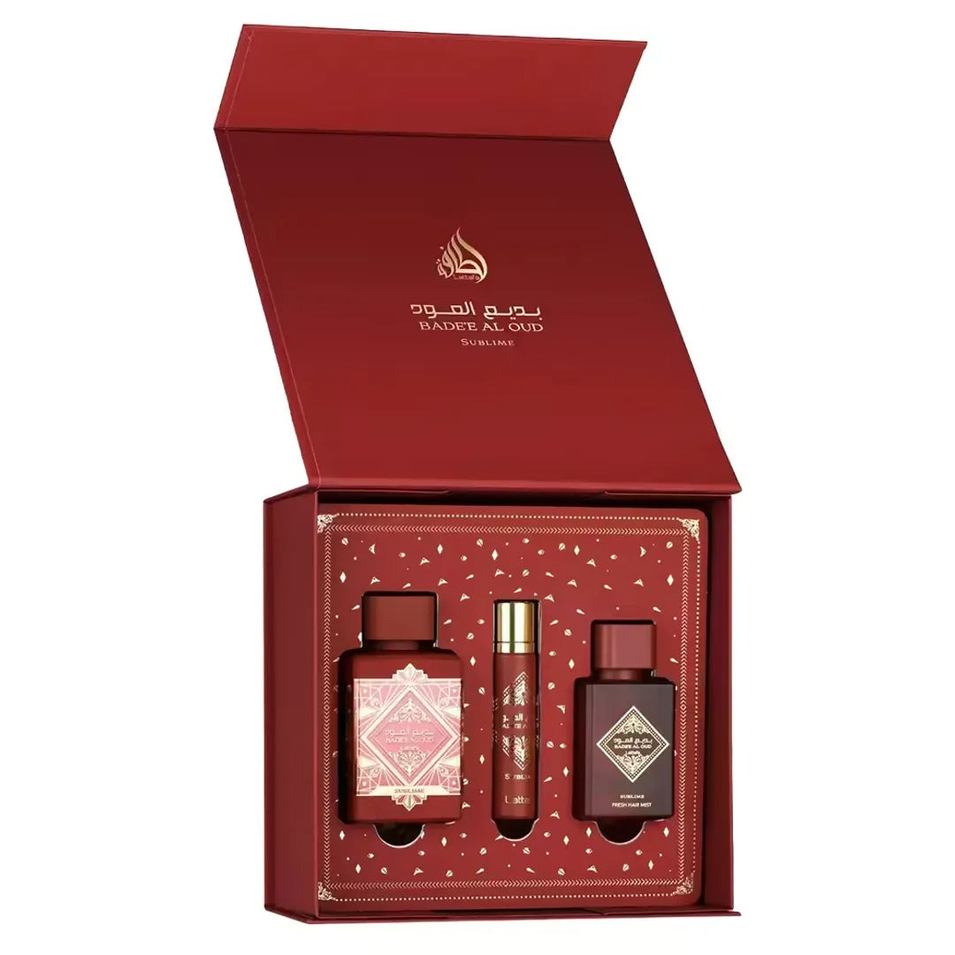 Kit Lattafa Bade'e Al Oud Sublime Eau de Parfum Unissex 100ml + Perfume de viaje 12ml + Hair Mist 50ml