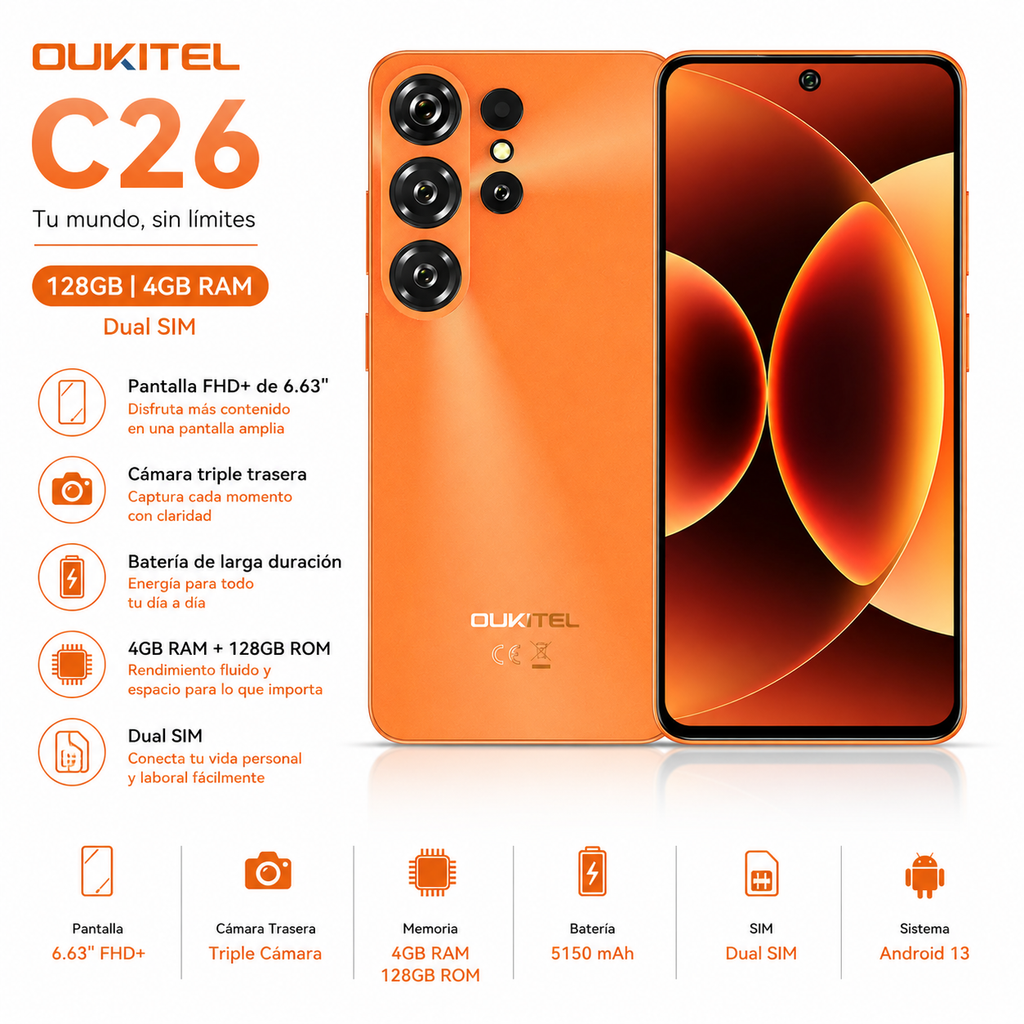 Oukitel C26 128GB 4GB RAM Dual SIM Pantalla 6.63" - Naranja