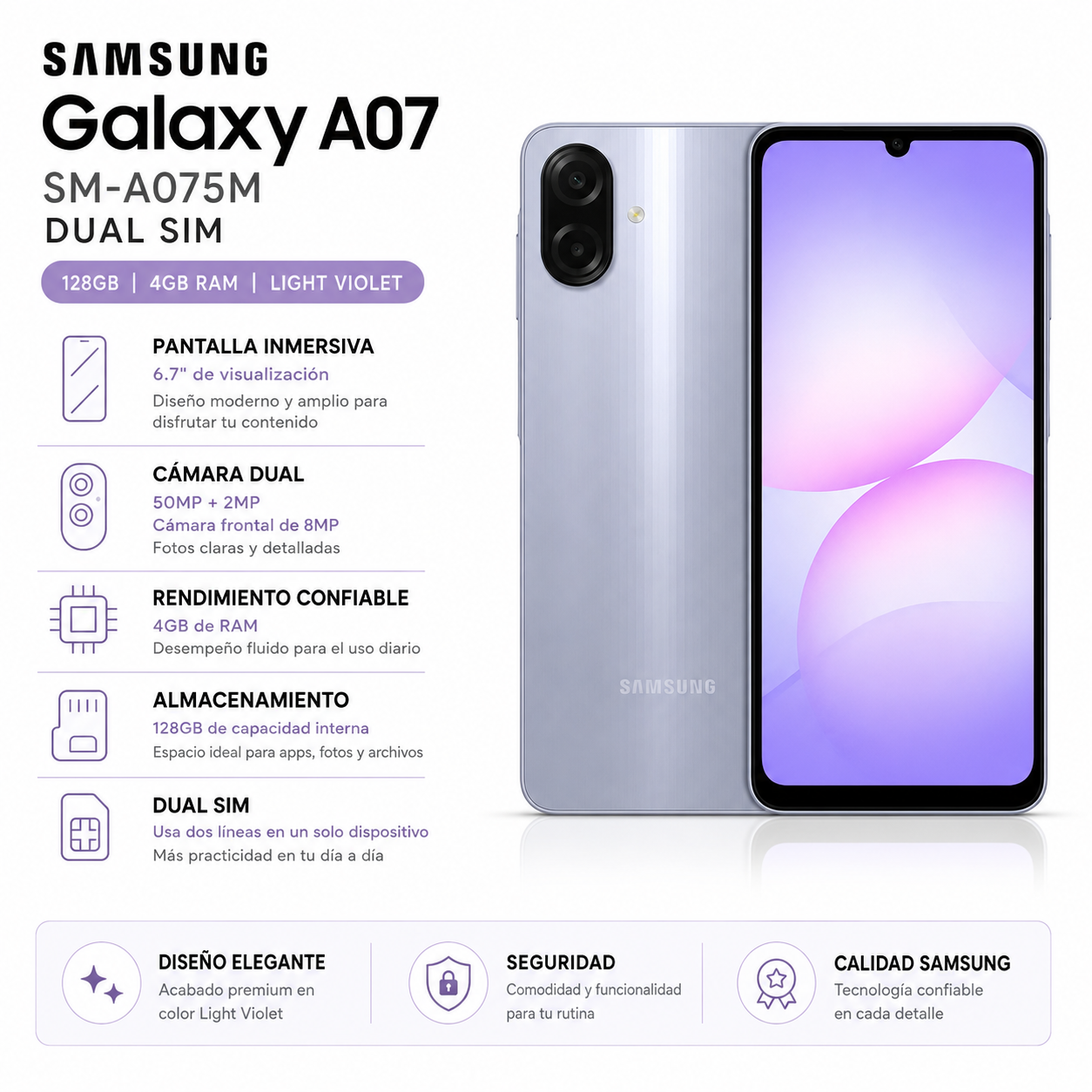 Samsung Galaxy A07 SM-A075M 128GB 4GB RAM Light Violet