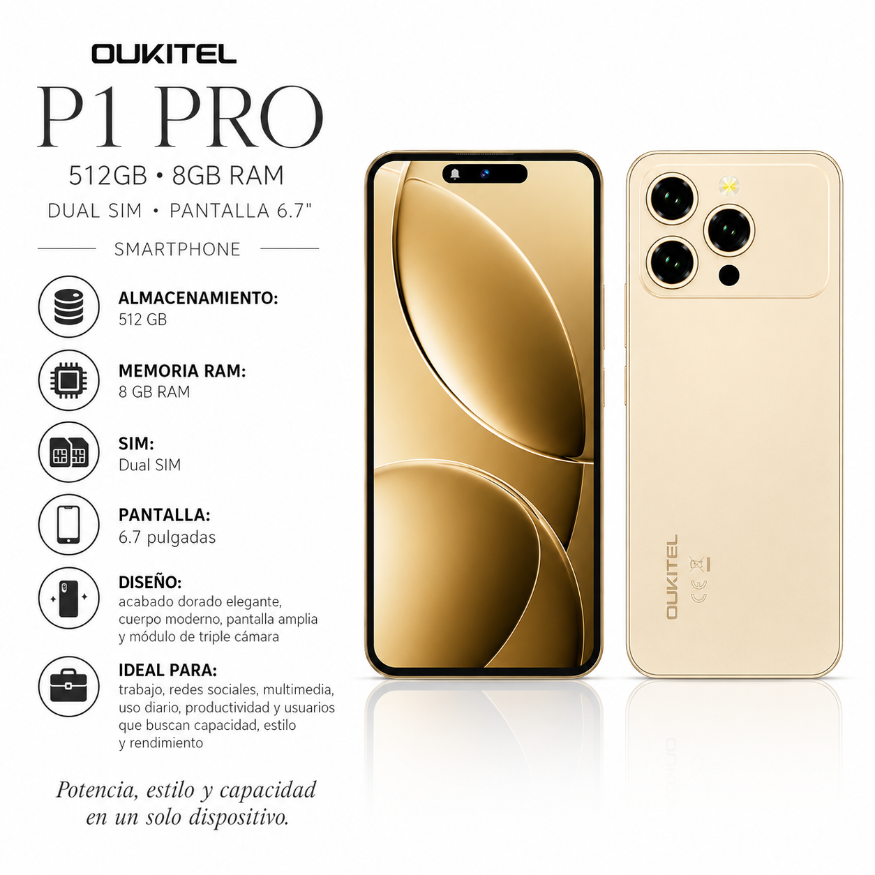 Oukitel P1 Pro 512GB 8GB RAM Dual SIM Pantalla 6.7" - Dorado