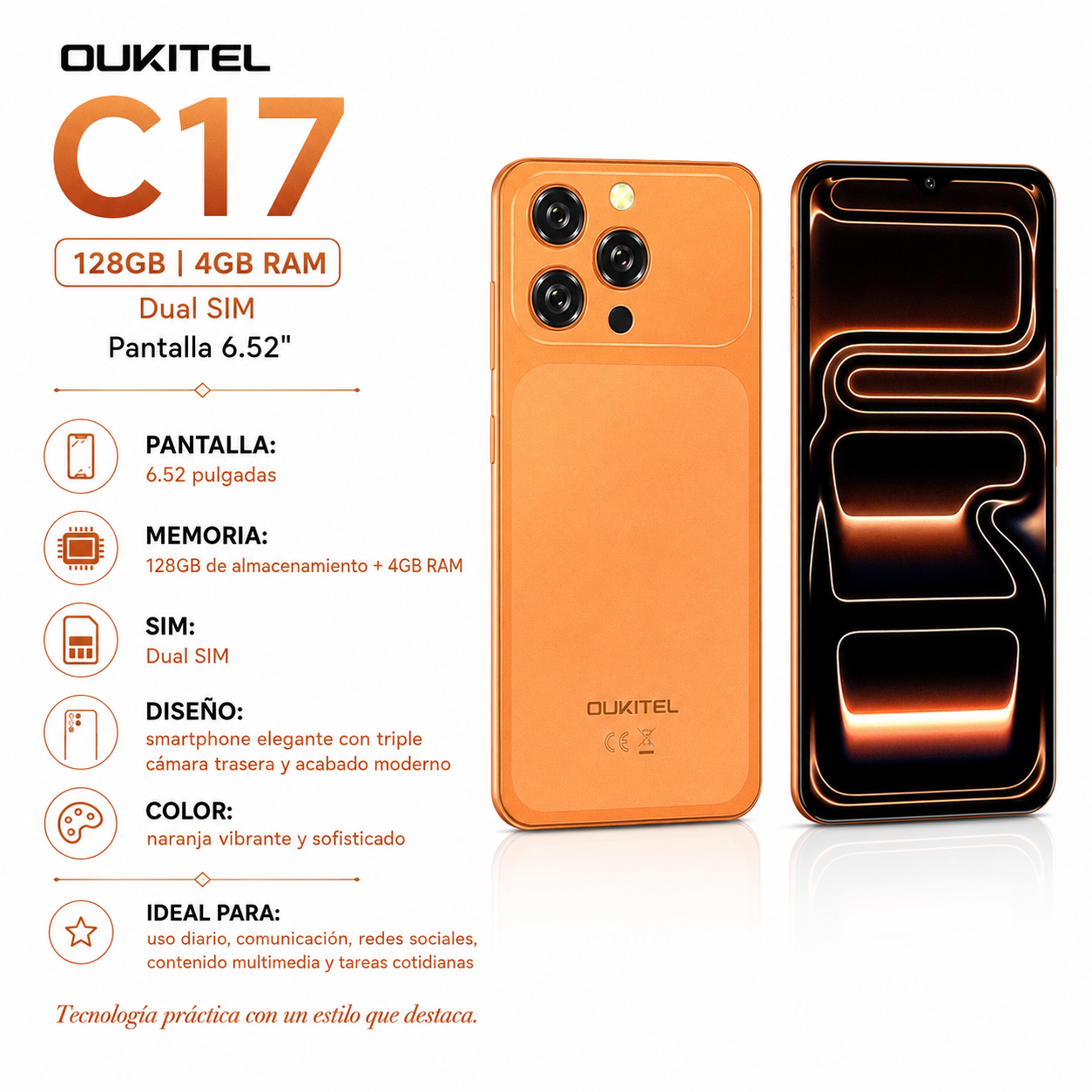 Oukitel C17 128GB 4GB RAM Dual SIM Pantalla 6.52" - Naranja