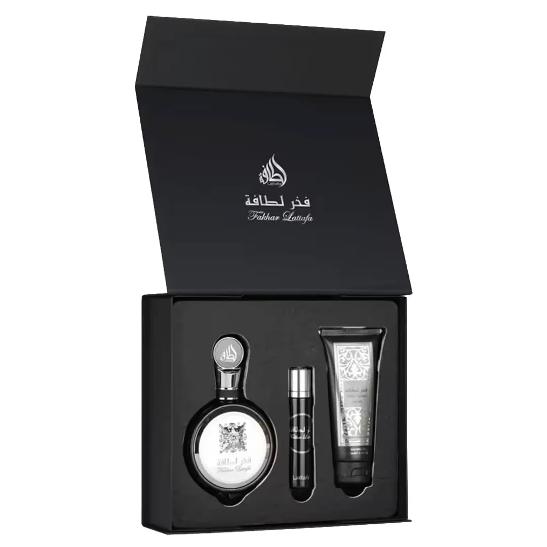 Kit Lattafa Fakhar Black EDP Masculino 100ml + 12ml + 100ml